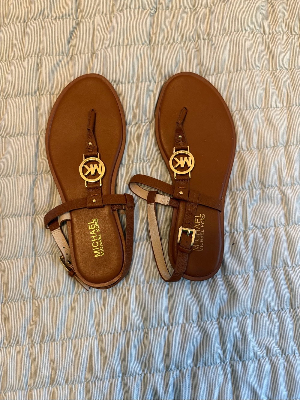 Michael Kors Brown Leather MK Logo T-Strap Sandals